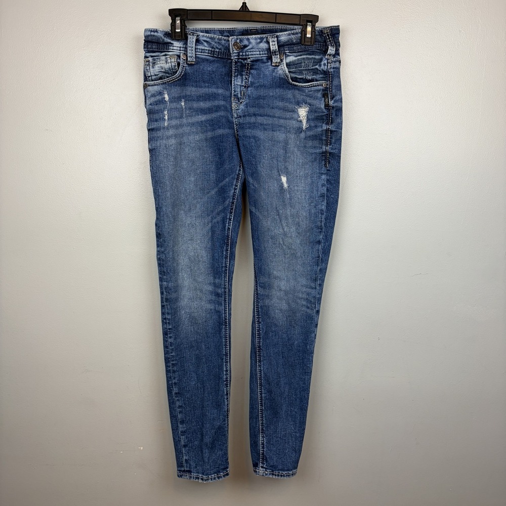 Silver Jeans Co Girlfriend Skinny Jeans Womens 29x29 Blue Distressed‎ Stretch